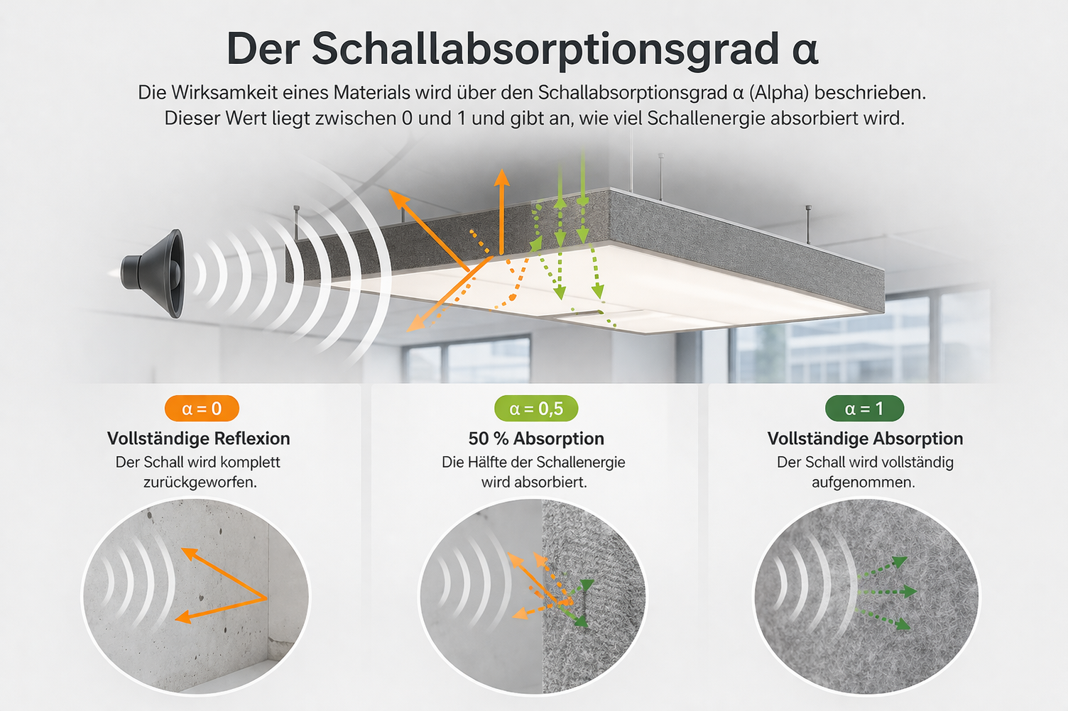 Darstellung des Schallabsorptionsgrads α mit Vergleich von Reflexion und Absorption anhand eines Acoustic Light Panels