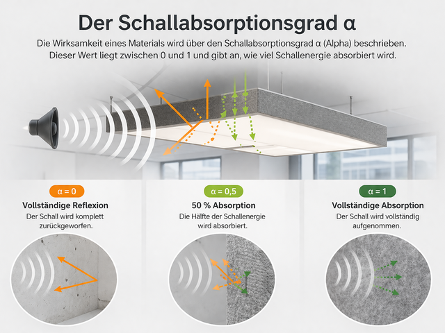 Illustration of sound absorption coefficient α comparing reflection and absorption using an acoustic light panel