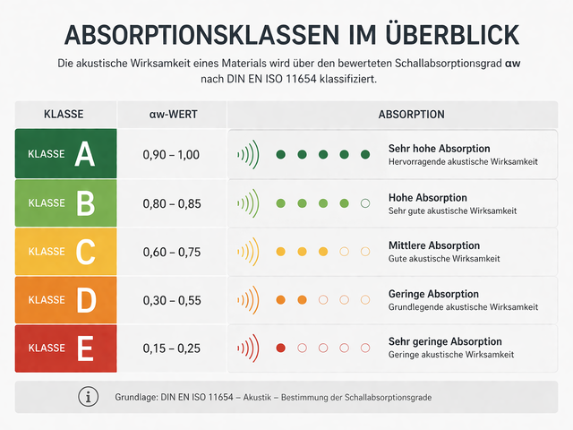 Overview of absorption classes A to E according to DIN EN ISO 11654 with aw values for acoustic materials
