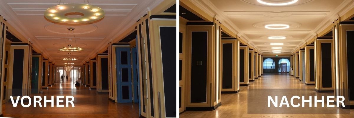 Before-and-after comparison of a lighting renovation in a representative corridor with modern LED ring lights