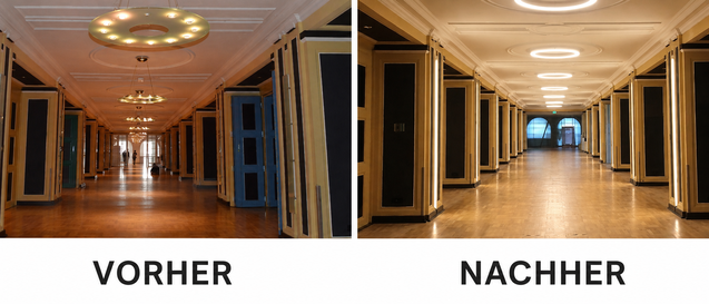 Before-and-after comparison of a lighting renovation in a representative corridor with modern LED ring lights
