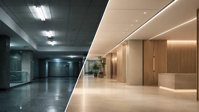 Before-and-after comparison of a lighting renovation with a dark existing corridor and modern LED lighting
