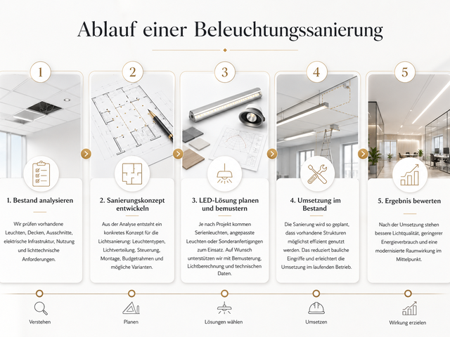 Ablauf einer Beleuchtungssanierung von Bestandsanalyse über Lichtplanung und Bemusterung bis zur Umsetzung