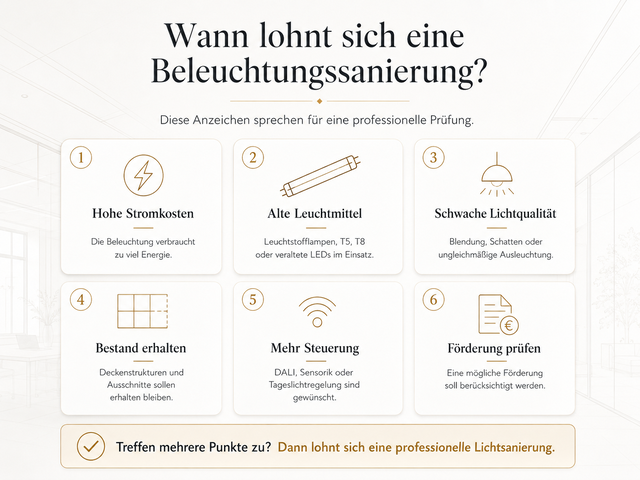 Infografik zu Anzeichen für eine Beleuchtungssanierung: hohe Stromkosten, alte Leuchtmittel und schwache Lichtqualität