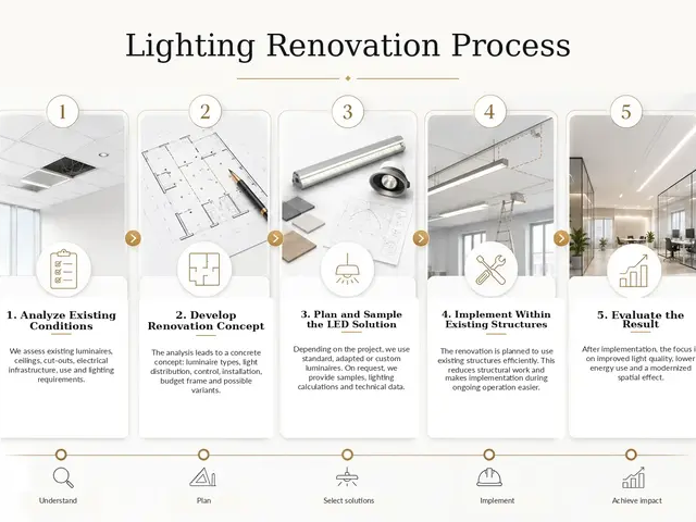 Infographic showing the lighting renovation process from existing condition analysis and planning to LED solution, implementation and evaluation