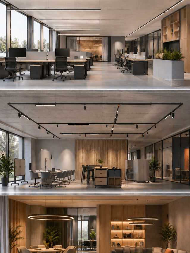 Drei Lichtebenen in einer flexiblen Arbeitswelt mit funktionalem Arbeitslicht, modularer Stromschiene und atmosphärischen Ringleuchten | © KI generated