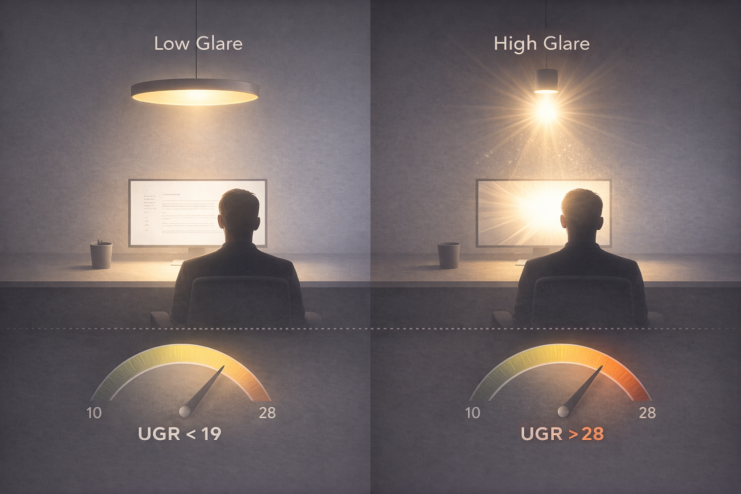 Arbeitsplatz mit und ohne Blendung durch direkte Lichtquelle im Sichtfeld