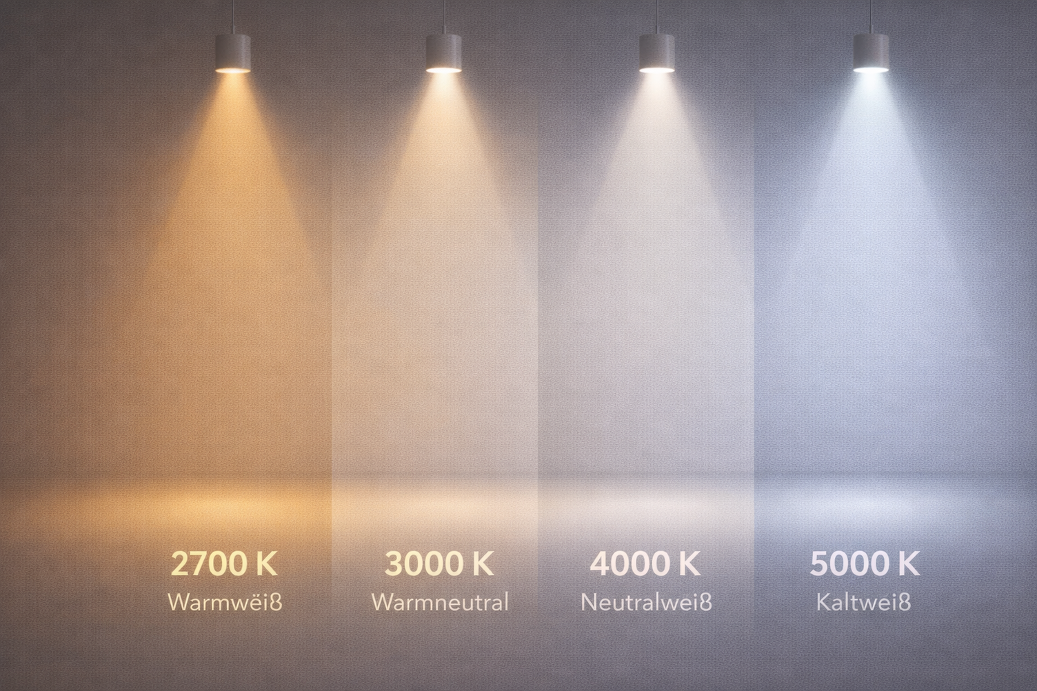 Vergleich von warmem, neutralem und kühlem Licht auf einer Fläche