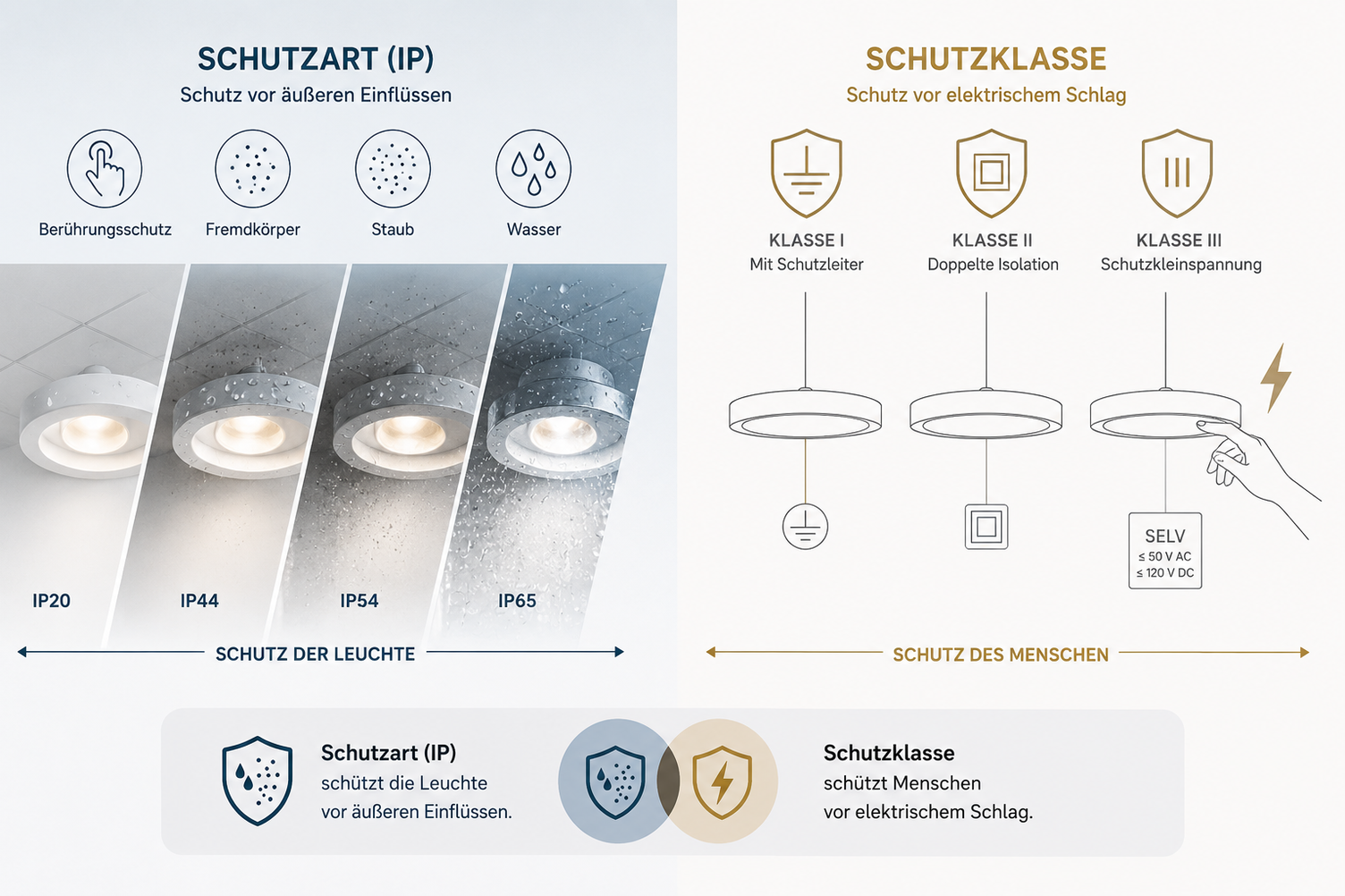 Designleuchte mit Schutzsymbolen für Schutzart und Schutzklasse bei Leuchten