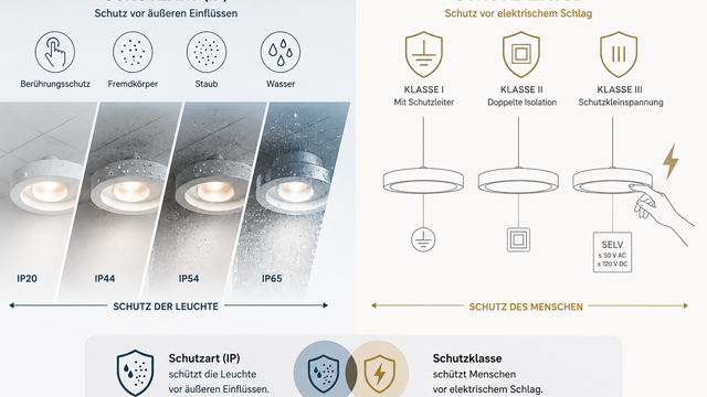 Designleuchte mit Schutzsymbolen für Schutzart und Schutzklasse bei Leuchten