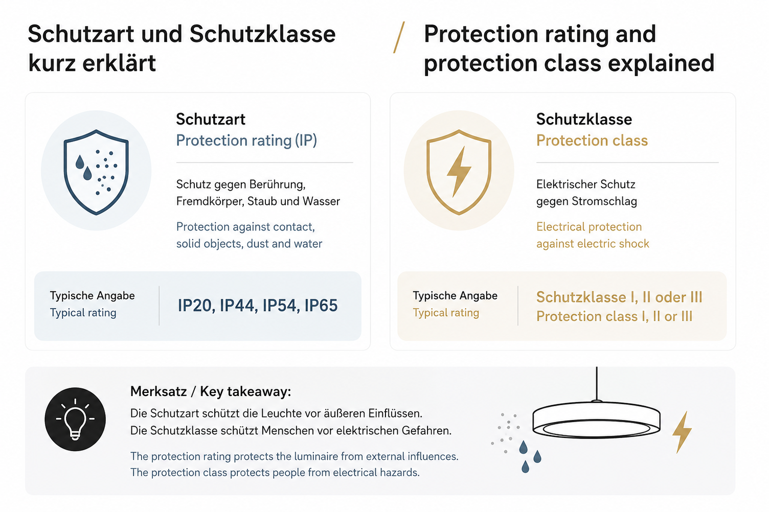 Vergleich von Schutzart und Schutzklasse bei Leuchten mit Symbolen für Umweltschutz und elektrischen Schutz