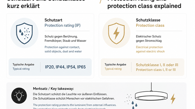 Vergleich von Schutzart und Schutzklasse bei Leuchten mit Symbolen für Umweltschutz und elektrischen Schutz