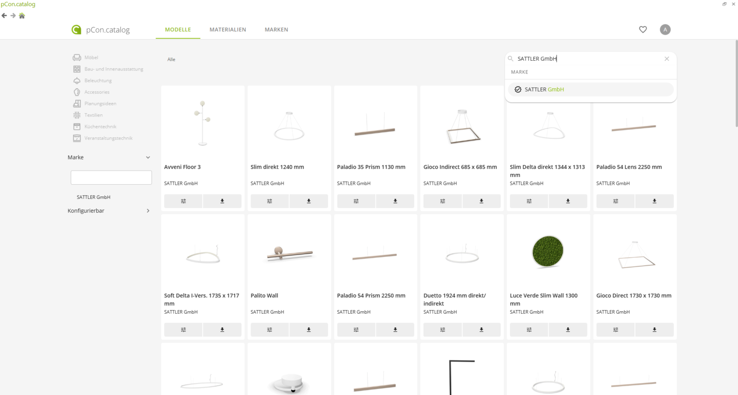 SATTLER Leuchten im pCon.catalog SATTLER Leuchten als konfigurierbare 3D-Daten im pCon.catalog