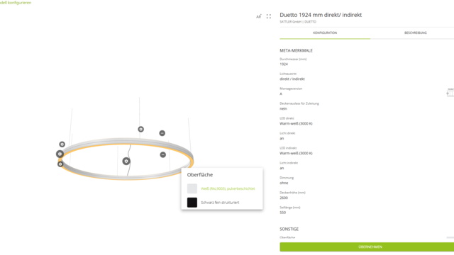 Configuration of a SATTLER DUETTO ring luminaire in the pCon.catalog