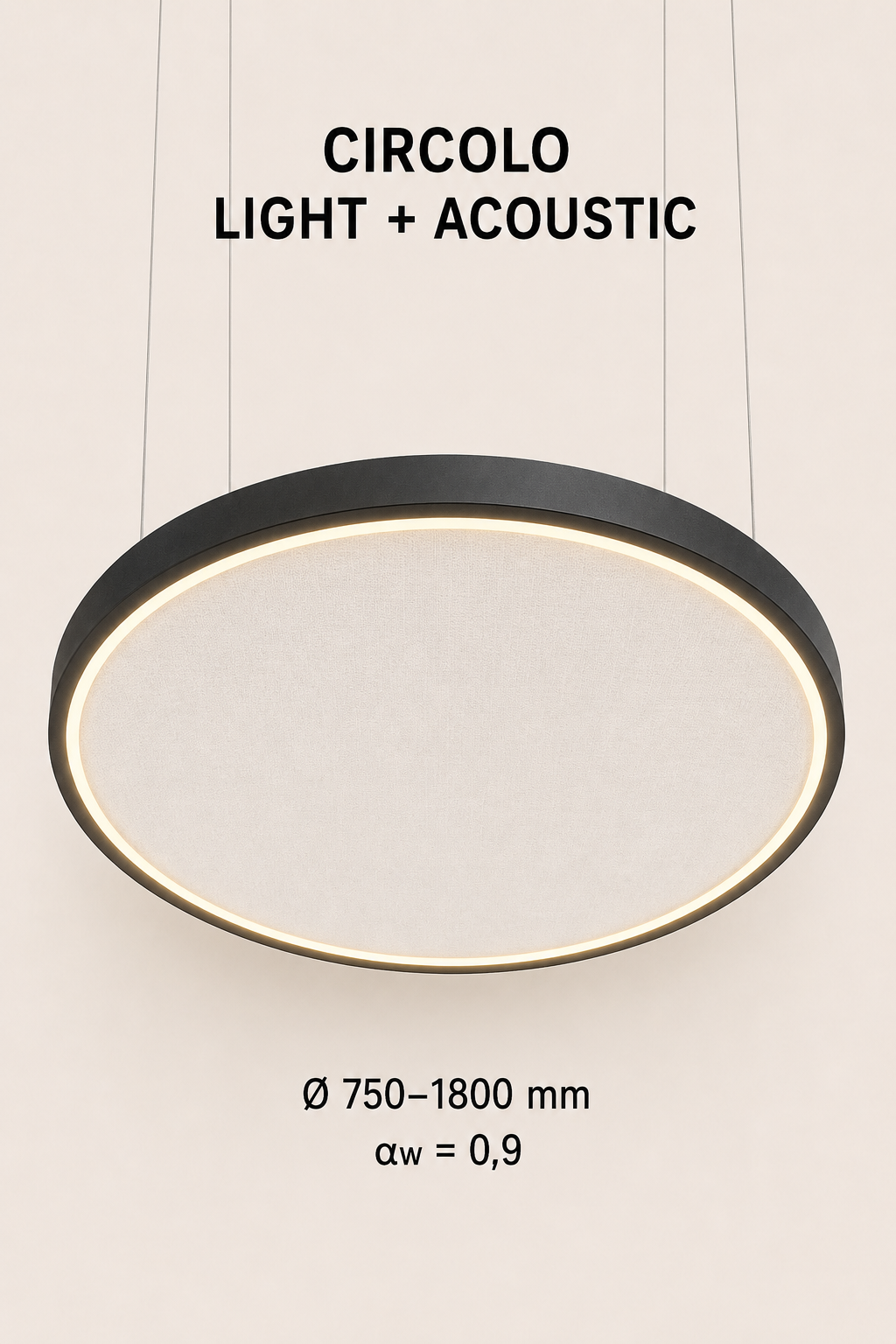 CIRCOLO LIGHT + ACOUSTIC Pendelleuchte mit schwarzem Ringprofil, innenliegendem Lichtaustritt und integrierter Akustikfläche.