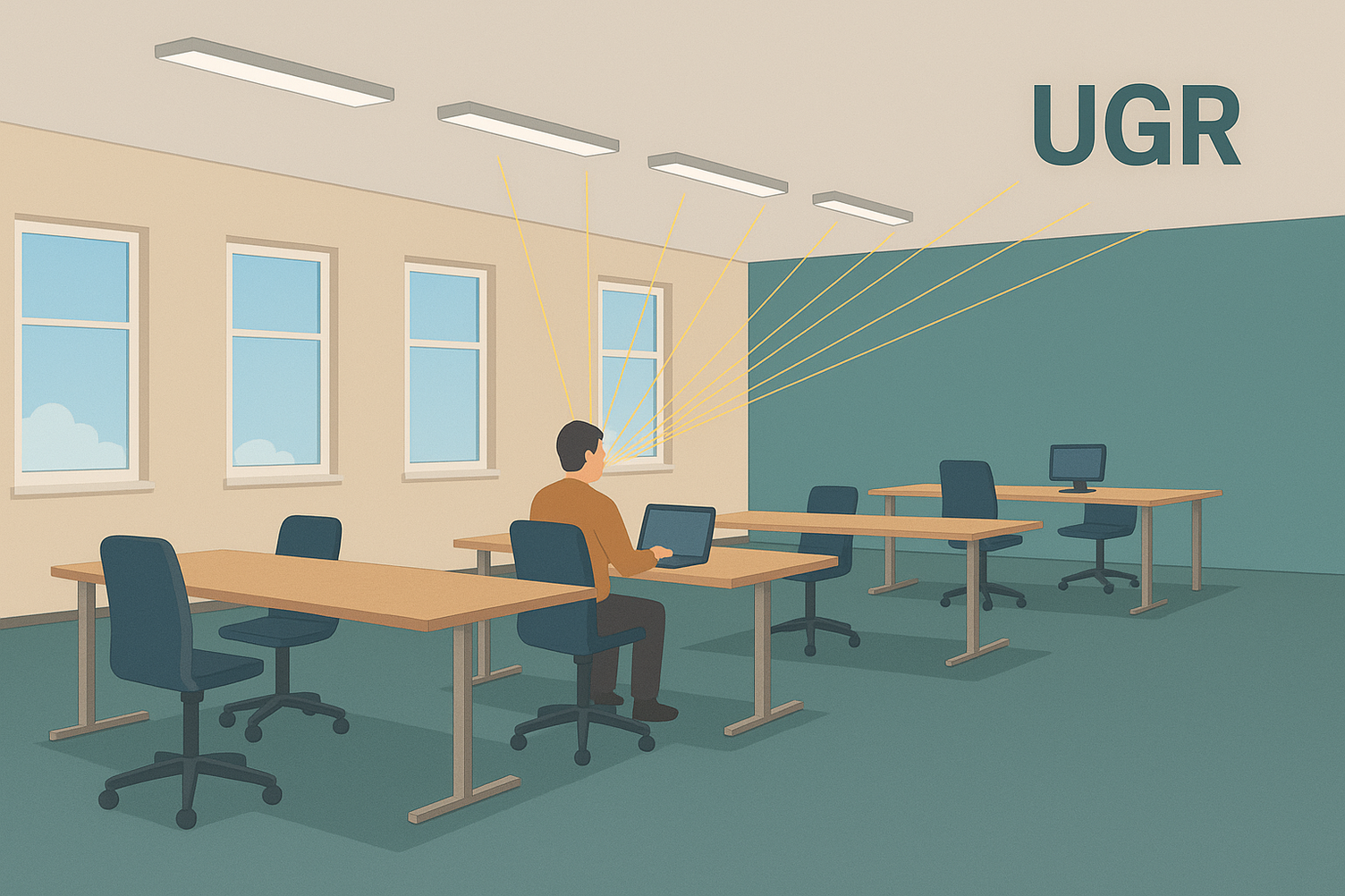 SATTLER Blendungsplanung: UGR-Werte im Büro SATTLER Illustration Blendung am Arbeitsplatz, UGR-Werte
