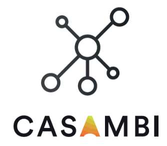 Logo Casambi (digitale Steuerung): eine Strichzeichnung: Kreis in der Mitte, davon gehen mehrere Linien weg, die wiederum in Kreisen enden. Unter dem Bild steht CASAMBI.