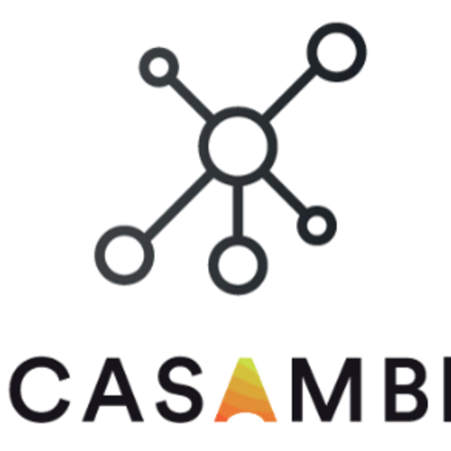 Logo Casambi (digitale Steuerung): eine Strichzeichnung: Kreis in der Mitte, davon gehen mehrere Linien weg, die wiederum in Kreisen enden. Unter dem Bild steht CASAMBI.