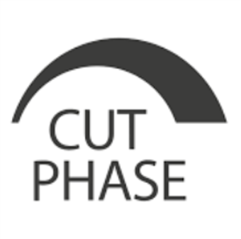 Logo. Worte Cut-Phase in schwarz für Phasenan- & abbschnittsdimmung, darüber ein Bogen, dessen Strichstärke dicker wird