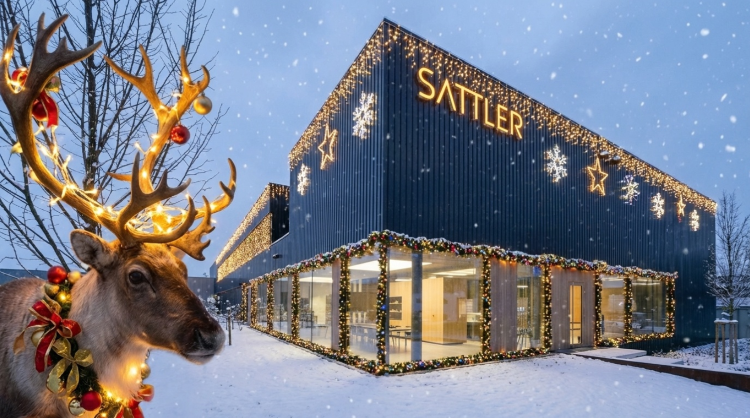 Exterior view of the SATTLER Lighting company building. Enchanting, dreamlike scene created using AI, with a Christmas reindeer added on the left of the image, snow around the building, and star- and snowflake-shaped fairy lights hanging from the top of the building. Green Christmas garlands around the windows. 