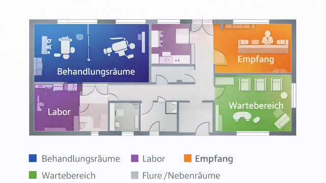 Grundriss einer Zahnarztpraxis mit markierten Funktionsbereichen