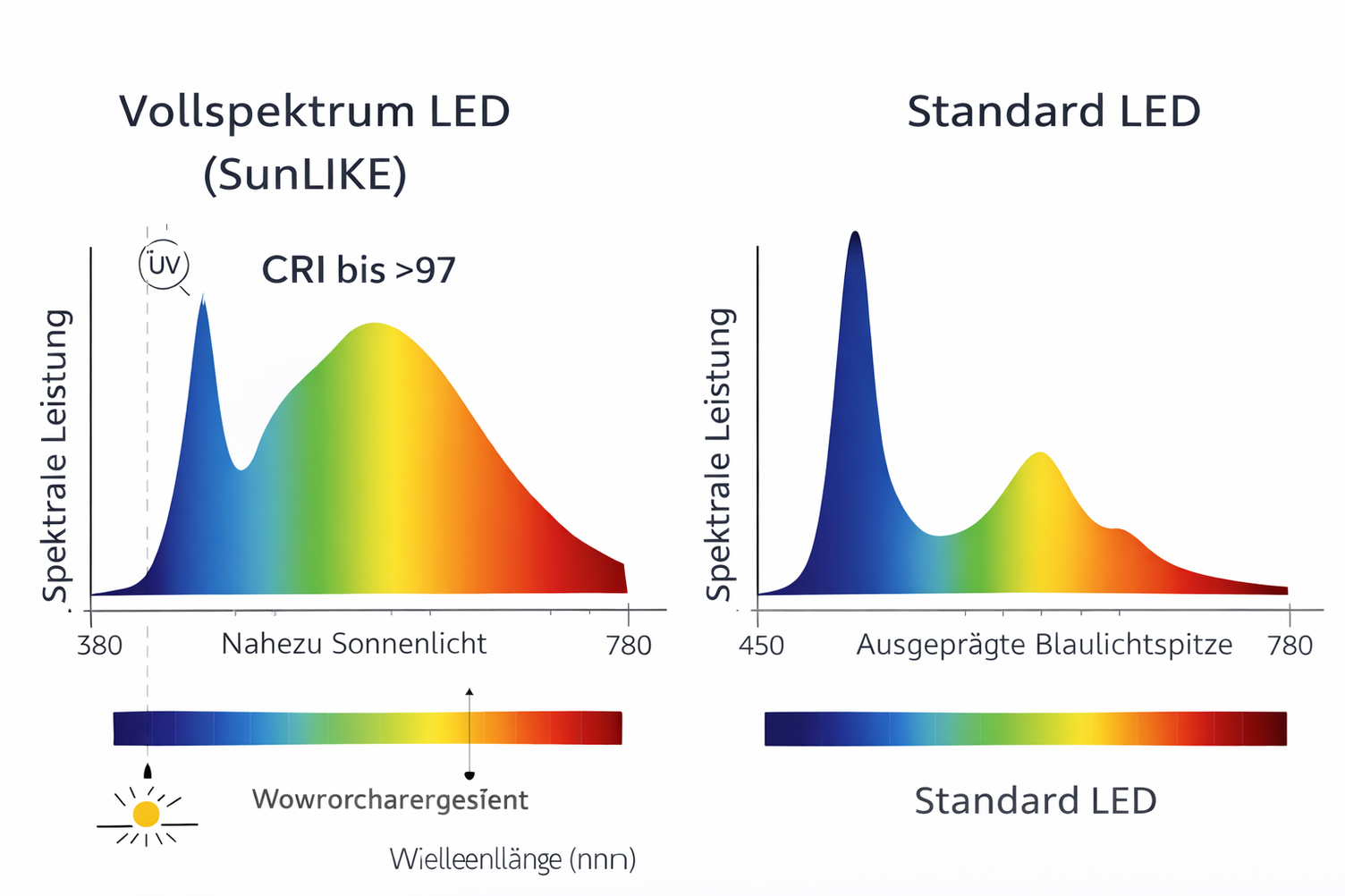 Vergleich von Vollspektrum-LED und Standard-LED im Lichtspektrum