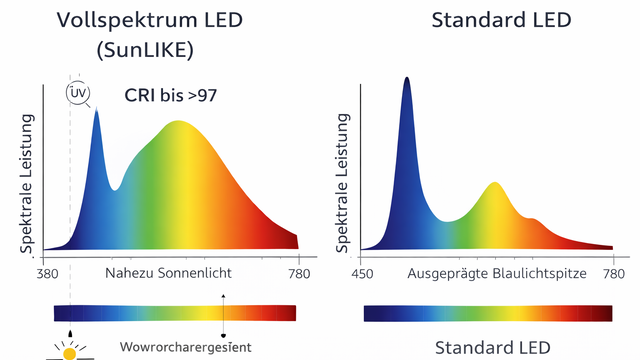 Vergleich von Vollspektrum-LED und Standard-LED im Lichtspektrum