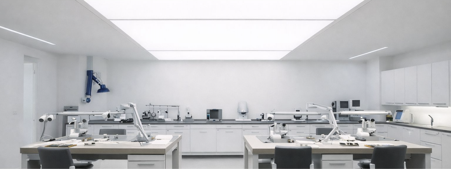 Dentallabor mit gleichmäßiger Lichtdecke und blendfreier Beleuchtung