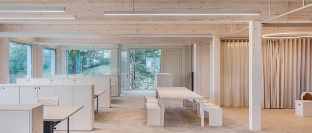 Offenes Büro in Holzbauweise mit Arbeitsplätzen, Besprechungstisch und Vorhangbereich, beleuchtet von linearen PALADIO PRISM Pendelleuchten und einer runden SLIM Leuchte von SATTLER. | © © Johannes Willwacher