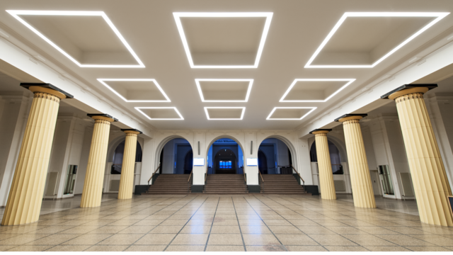 Architectural lighting refurbishment with custom-made RGBW light fields (Complesso) at Stadthalle Kassel – flush ceiling integration with direct and indirect LED lighting.