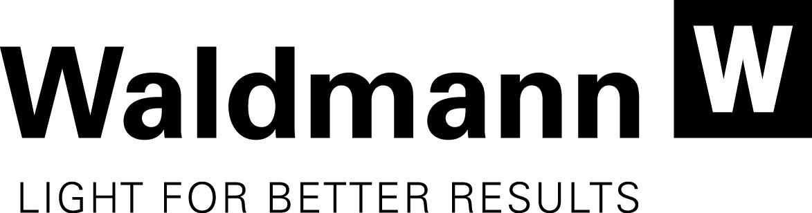Logo Leuchtenhersteller Waldmann in schwarzem Schriftzug mit einem schwarzen Quadrat mit weißem W innen, hochgestellt am Ende des Namens. Zusätzlich in Zeile darunter Claim "Light for better results".
