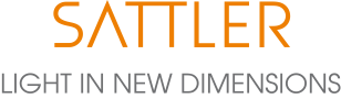 Logo des Leuchtenhersteller SATTLER (orange geschrieben) mit Claim "Light in new dimensions" (darunter in grau geschrieben).