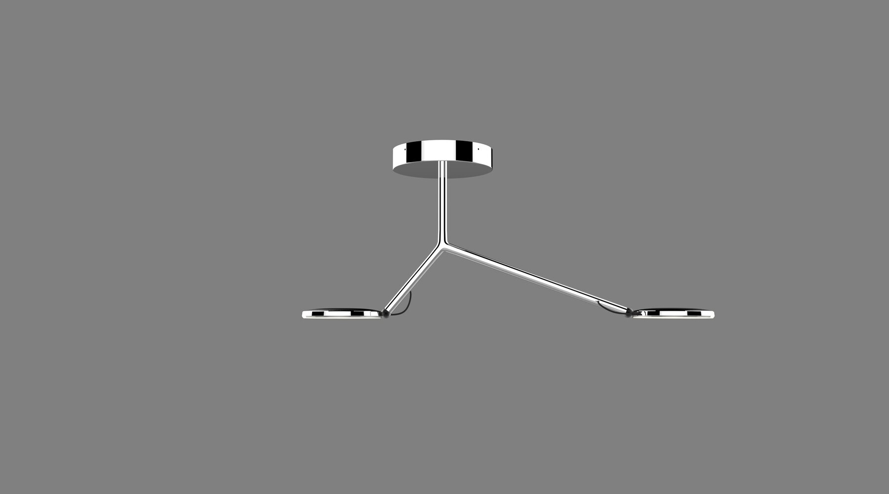 Deckenlampe, AVVENI CEILING 2 ASYMMETRICAL, in Aluminiumpoliert mit einem Anbaudeckenbaldachin von dem ein Tubus mittig nach unten zeigt, der sich in zwei verschieden langen Armen verzweigt, an diesen ist je ein runder flacher Leuchtenkopf. Hintergrundfarbe des Freistellers ist grau. | © SATTLER