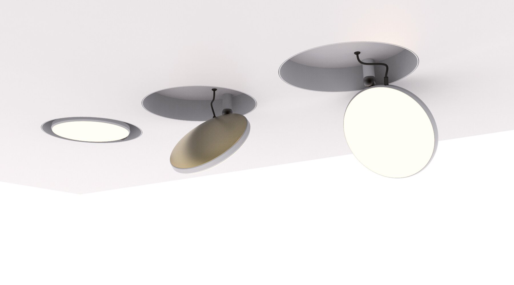 White ceiling with three flat, round AVVENI downlights that are flush with the ceiling from left to right or folded out in stages. All AVVENI downlights without a frame, i.e. the built-in luminaire head holder is flush with the ceiling.
