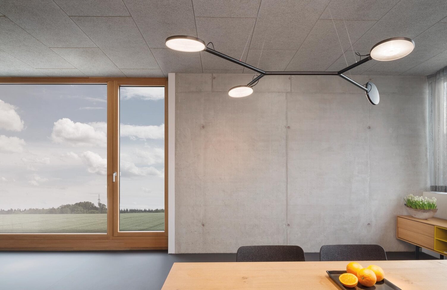 Vor Betonwand schwebt die Pendelleuchte AVVENI Pendant 4 mit vier flachen Leuchtenköpfen am Rand einer verzweigten Struktur über einem Tisch mit Zitronen. | © bildhübsche fotografie
