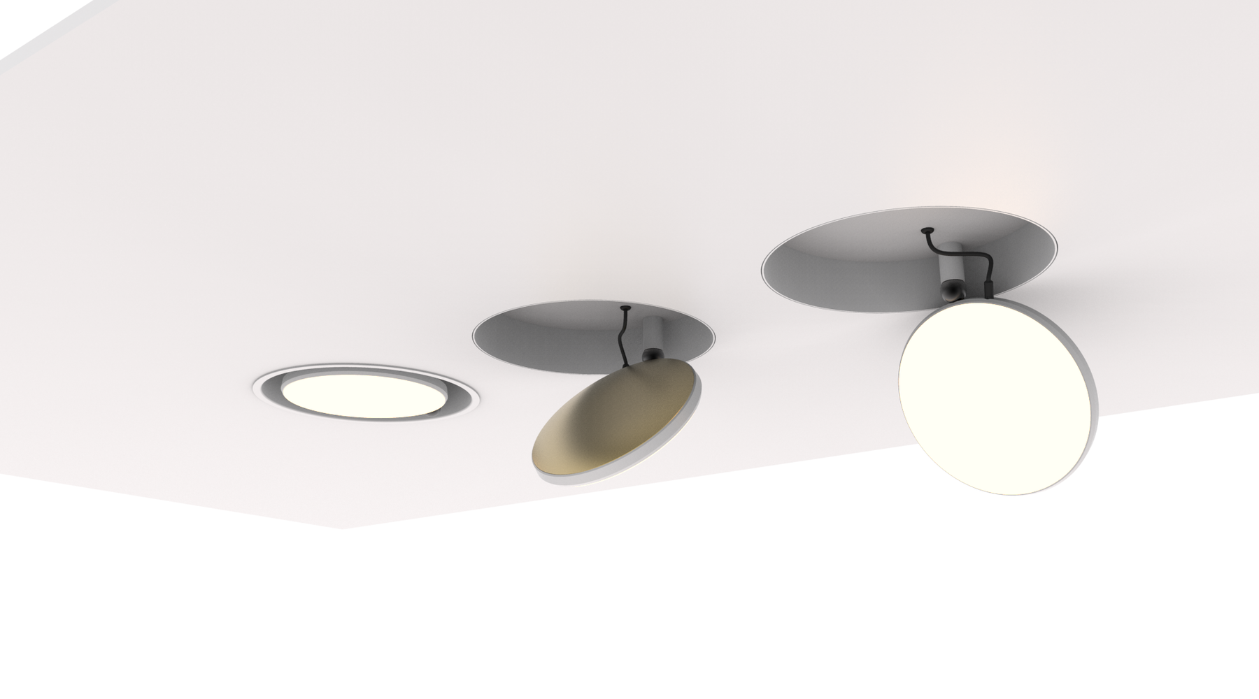 White ceiling with three flat, round AVVENI downlights that are flush with the ceiling from left to right or folded out in stages. Far left AVVENI downlight with round frame in the transition to the ceiling, next to it two AVVENI downlights without frame. 