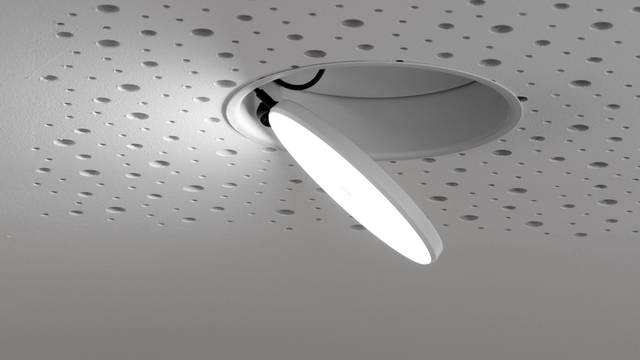 Weisser runder flacher ausklappbarer und drehbarer Halbeinbau AVVENI Downlight mit Rahmen in weißer Lochdecke.