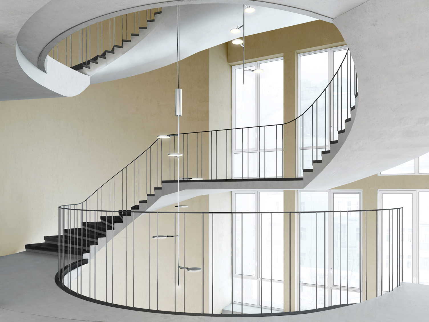 Large spiral staircase of a 60s staircase with 2 pendant luminaires, AVVENI VERTICAL 6) with a rod in the centre from which small branches extend in different directions to which round flat luminaire heads are attached.