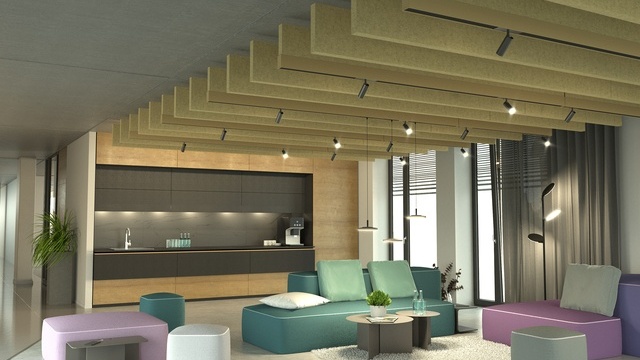 Lounge mit goldfarbenen Akustikbaffeln, integrierter Stromschiene und flexiblen Strahlern | © AI generated