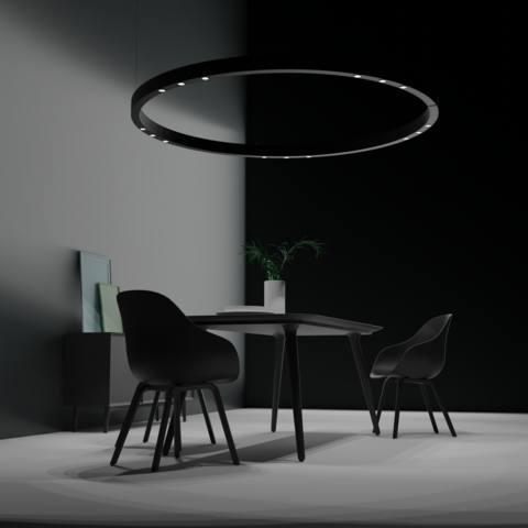 A black ring pendant light, DUETTO LENS, with round lenses arranged in groups above a black table with black chairs.