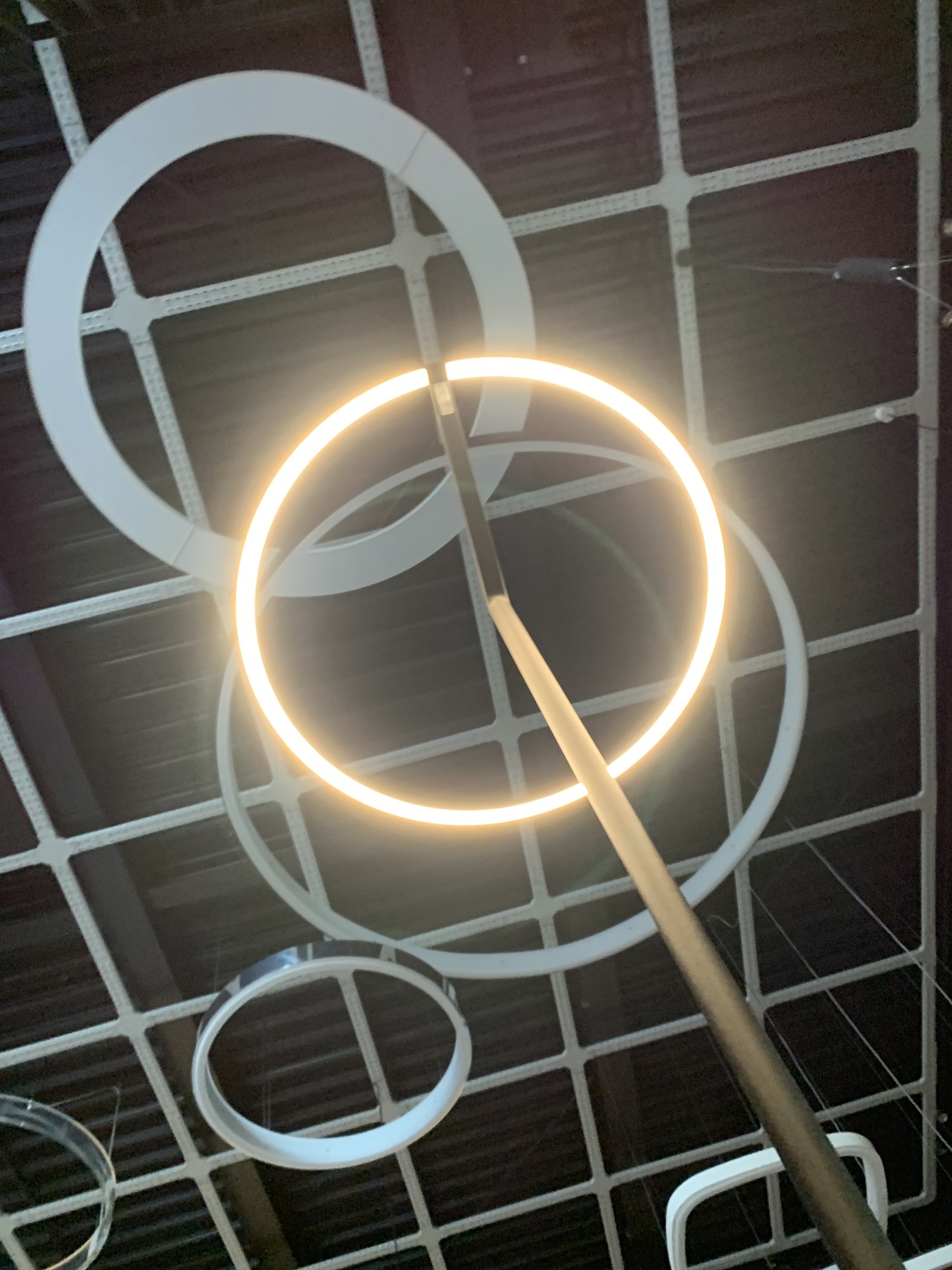 View from below of the illuminated ring on the Insospeso Floor floor lamp. Further large-format ring lights can be seen on the ceiling, but they are all switched off.