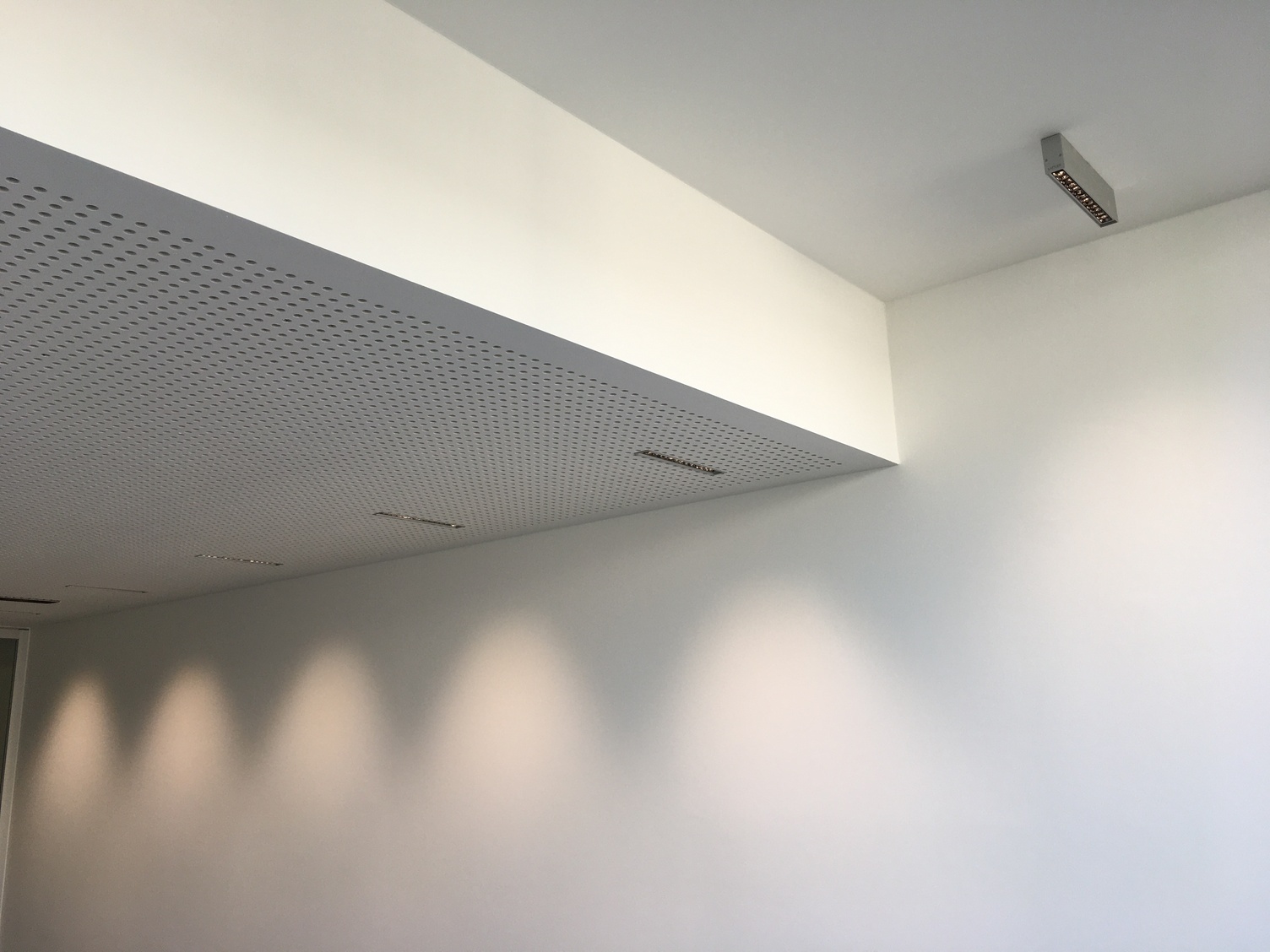 Corridor lighting with PALADIO linear recessed and surface-mounted downlights Corridor with a stepped ceiling. Linear recessed PALADIO downlights are fitted into the lower perforated ceiling. A linear surface-mounted PALADIO downlight is visible in the recessed ceiling.