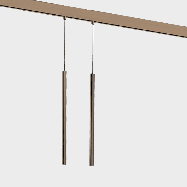 Zylindrische Stabpendelleuchte FINO PENDANT als Lichtelement für PALADIO TRACK | © SATTLER Ausschnitt von zwei bronze farbenen schlanken zylindrischen Stabpendelleuchten FINO PENDANT als Lichtelement in einer bronzefarbenen Stromschiene PALADIO TRACK. | © SATTLER