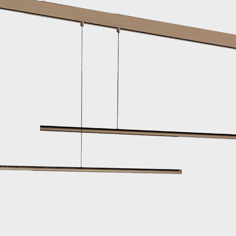 Zylindrische horizontale Stabpendelleuchte PALITO PENDANT als Lichtelement für PALADIO TRACK | © SATTLER Ausschnitt von zwei bronze farbenen schlanken zylindrischen horizontalen Stabpendelleuchten PALITO PENDANT als Lichtelement in einer bronzefarbenen Stromschiene PALADIO TRACK. | © SATTLER