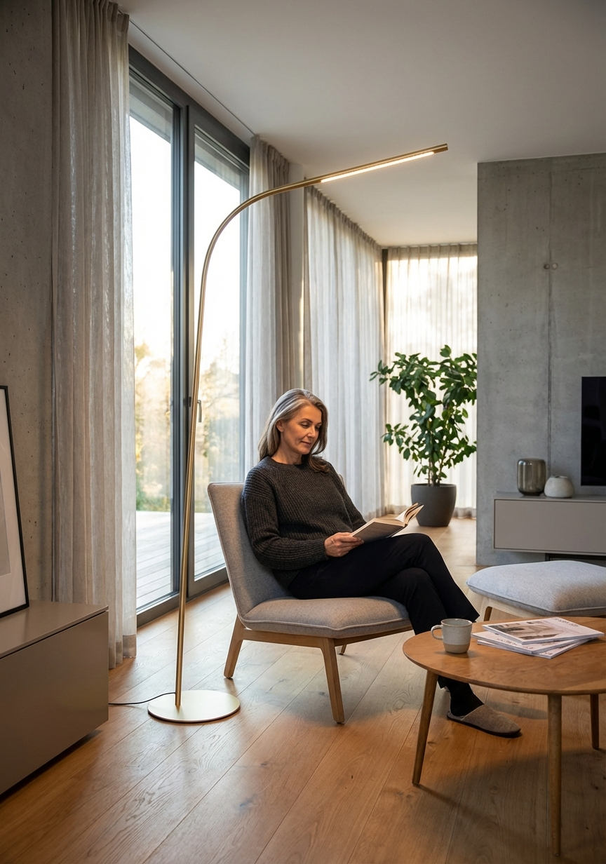 Frau in gemütliche Leseecke in moderner Wohnung, neben deren Stuhl eine geschwungene Stehleuchte Palito Floor steht.
