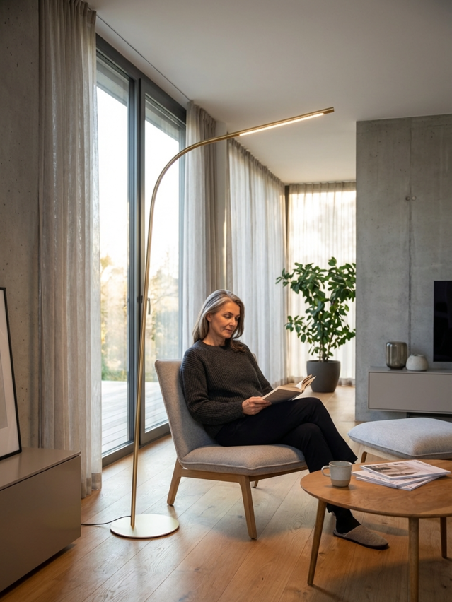 Frau in gemütliche Leseecke in moderner Wohnung, neben deren Stuhl eine geschwungene Stehleuchte Palito Floor steht. | © SATTLER Edison