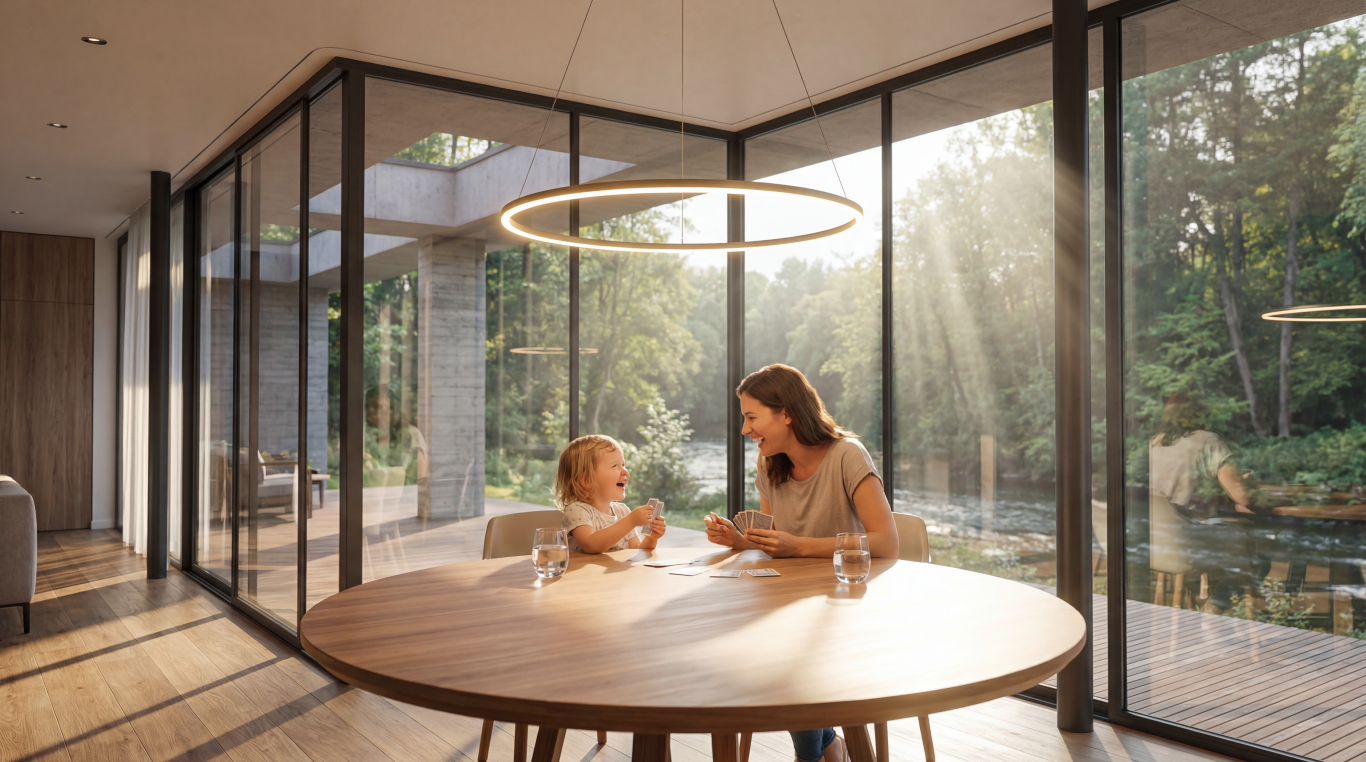 Mother and child are playing cards and laughing at the round wooden dining table under a narrow ring lamp.