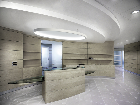 Reception desk in the shape of a pointed oval made of grey wood in front of a grey wooden wall, above which hangs a large white elliptical ELLIPSE L+A acoustic luminaire. | © SATTLER