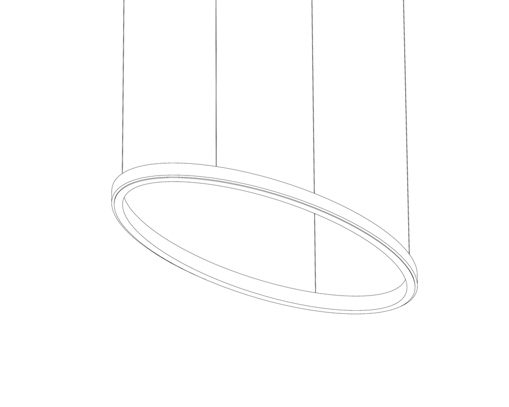 Schematic drawing of ELLIPSE L-version pendant light with 4 current-carrying cables | © SATTLER Line drawing of an elliptical pendant ring light with 4 suspensions. | © SATTLER