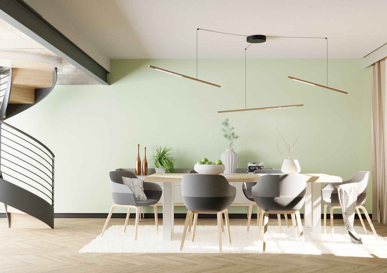 Modernes Esszimmer mit einem Soluzione Baldachin an der Decke von dem 3 PALITO Stableuchten kreisförmig abgependelt sind.